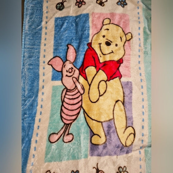 VTG Winnie the Pooh Piglet Bees Plush Blanket Fleece Pastel Colorblock 30x43 HTF - Picture 2 of 4